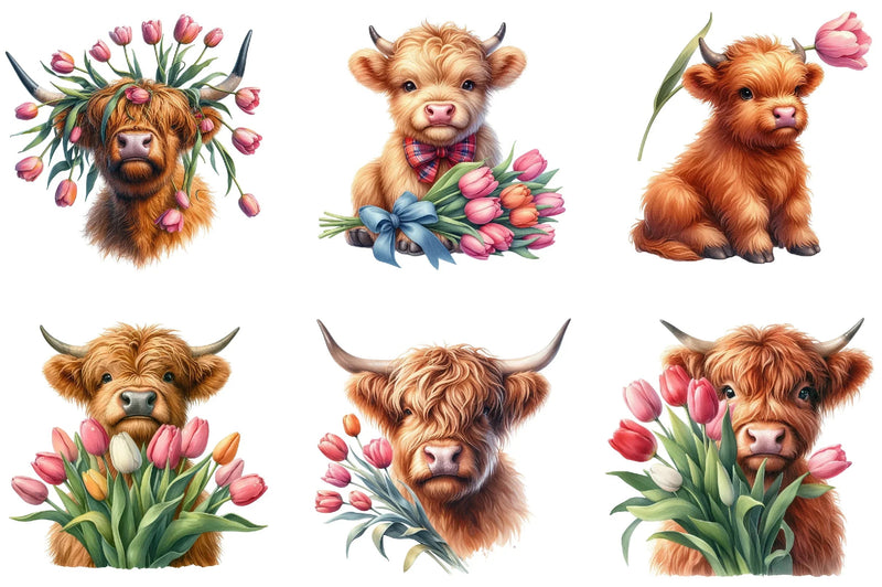 Highland Cow Tulip Flower Clipart Bundle - CraftNest - Digital Crafting and Art