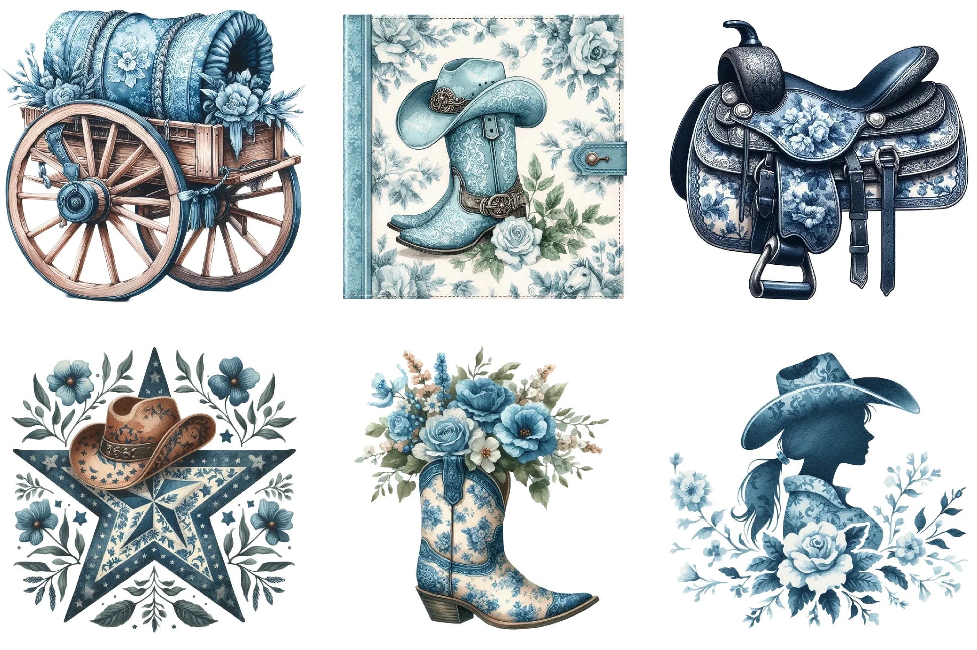 Blue Toile Cowgirl Clipart Bundle - CraftNest - Digital Crafting and Art