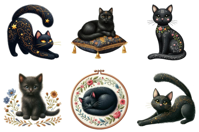 Embroidered Black Cats Clipart Bundle - CraftNest - Digital Crafting and Art