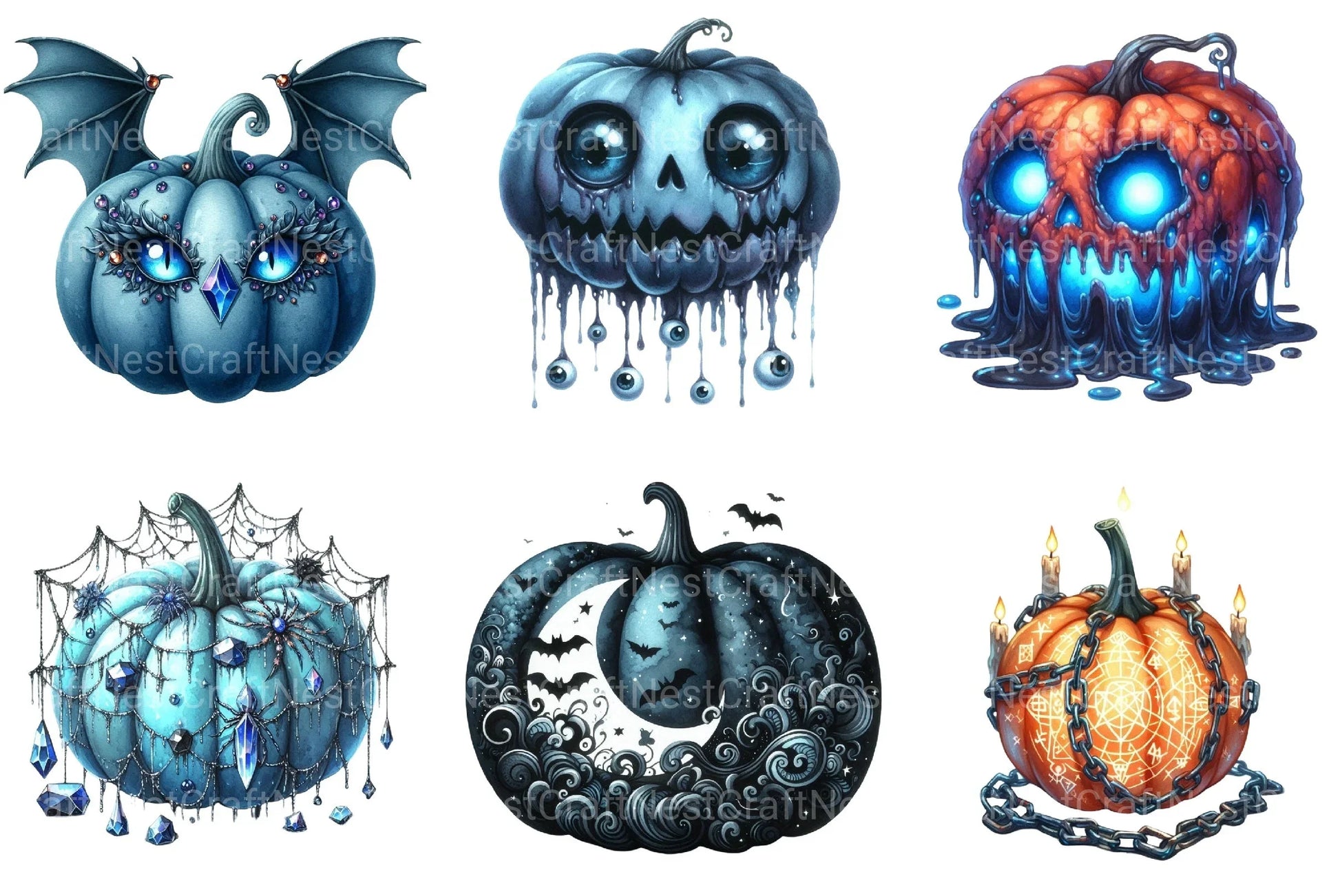 Creepy Black and Blue Halloween Pumpkin Clipart Bundle - CraftNest - Digital Crafting and Art