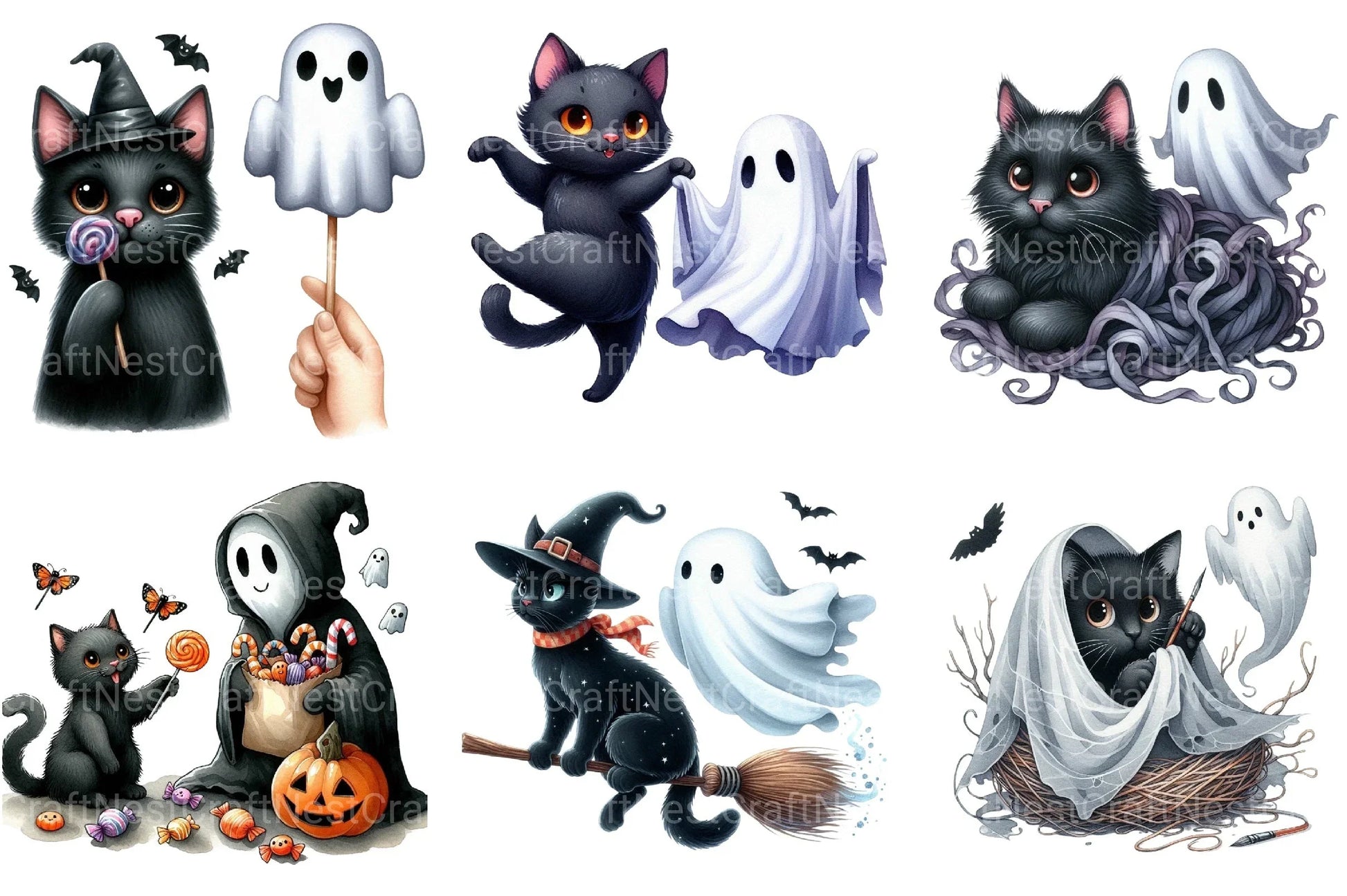 Funny Halloween Black Cat Ghost Clipart Bundle - CraftNest - Digital Crafting and Art