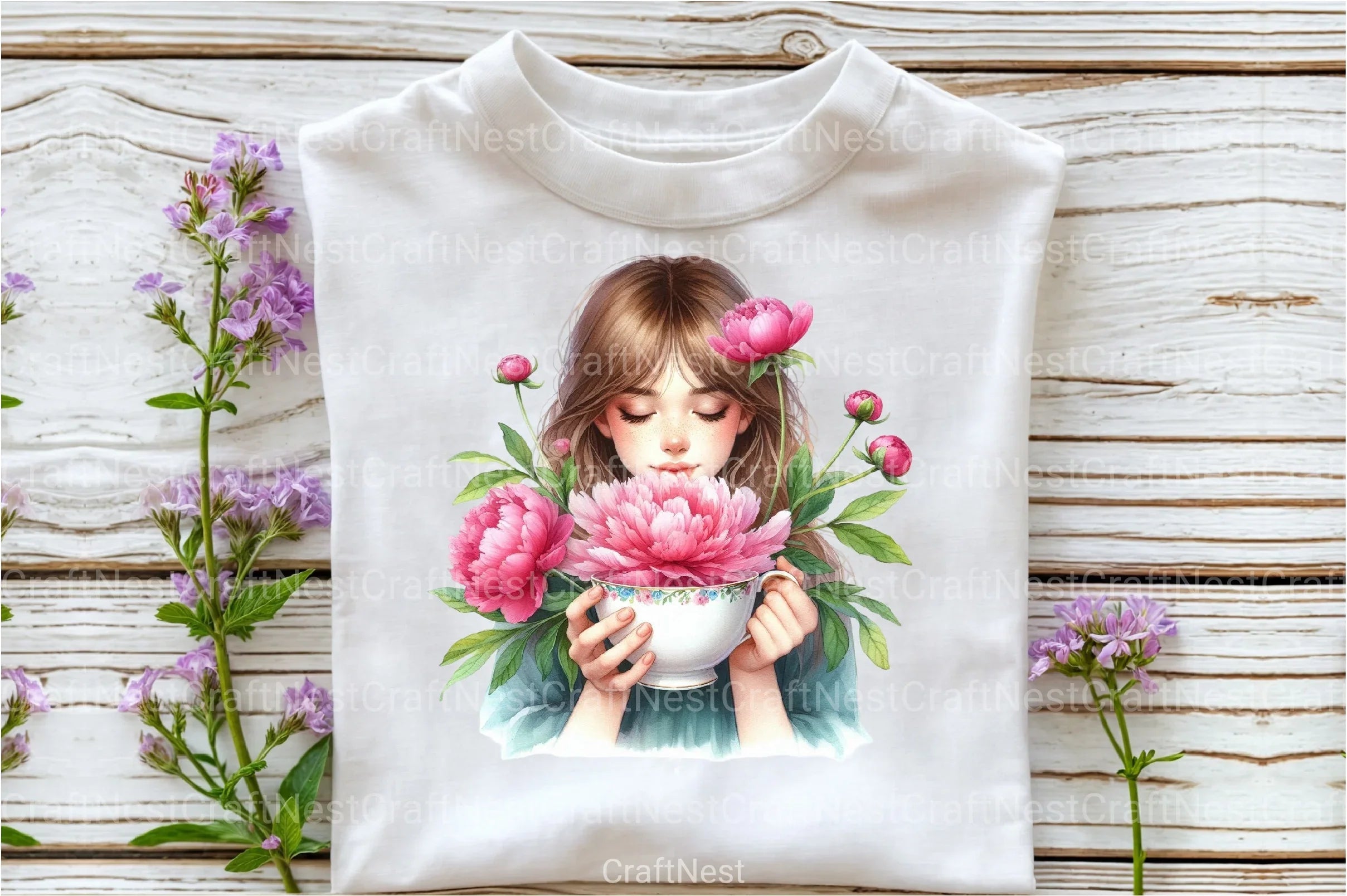 Girl with Peonies Flower Clipart Bundle 6 - CraftNest - Digital Crafting and Art