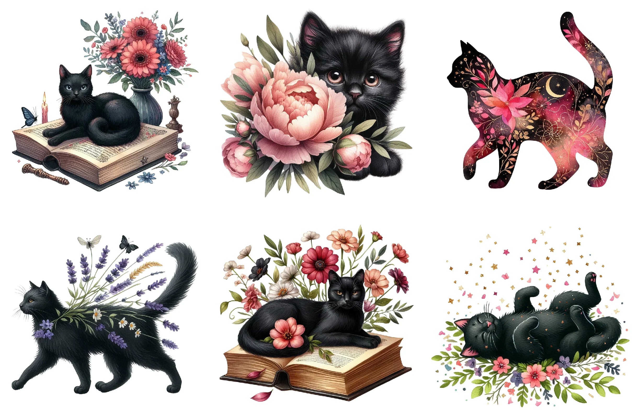 Floral Black Cat Clipart Bundle - CraftNest - Digital Crafting and Art