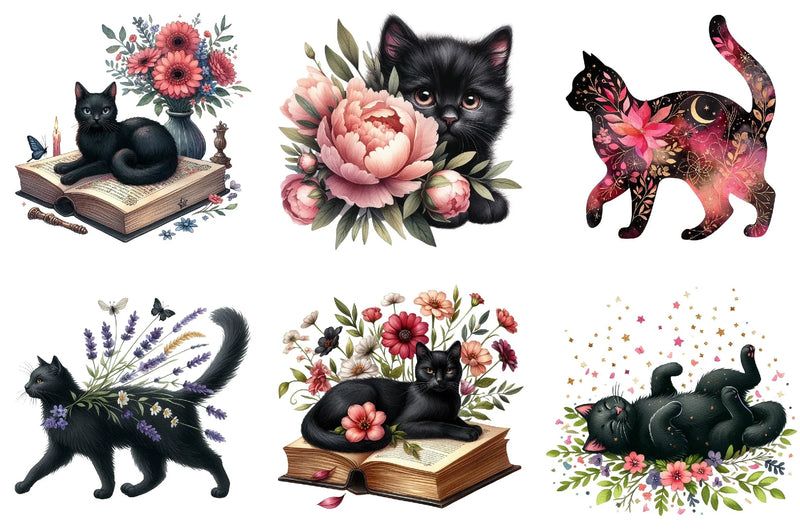 Floral Black Cat Clipart Bundle - CraftNest - Digital Crafting and Art