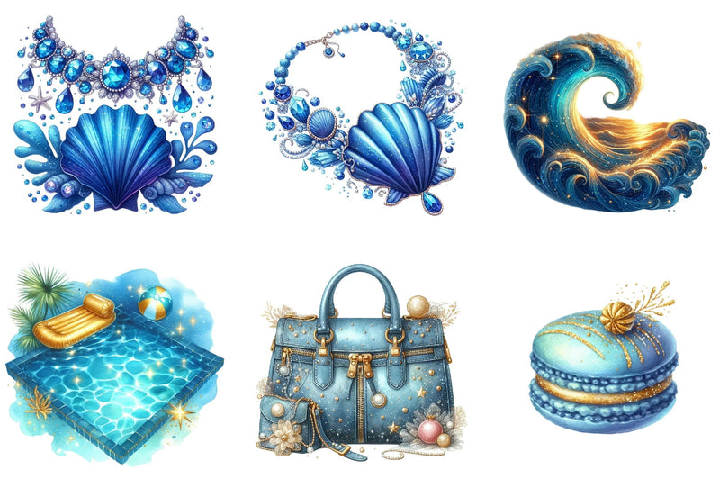 Glitter Luxury Blue Summer Clipart Bundle - CraftNest - Digital Crafting and Art