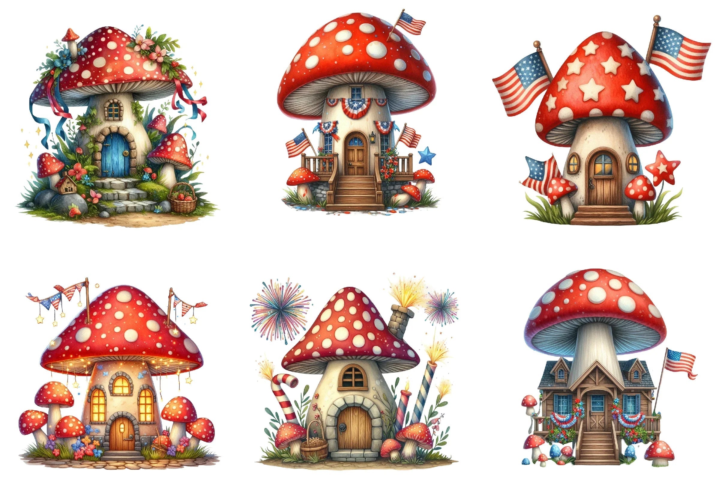 4th of July Mushroom House Clipart Bundle - CraftNest - Digital Crafting and Art