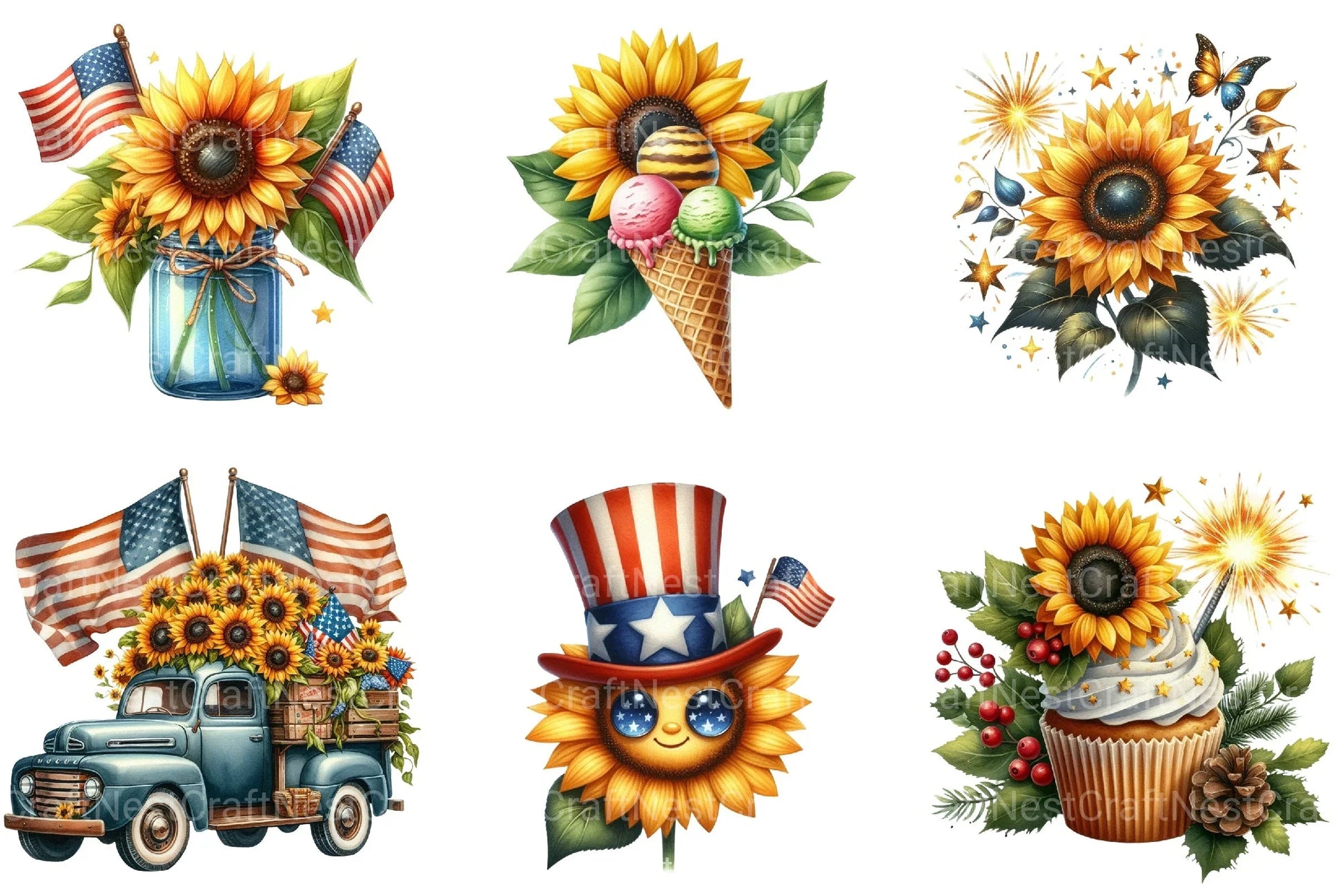 4th of July Sunflower Clipart Bundle 99 - CraftNest - Digital Crafting and Art