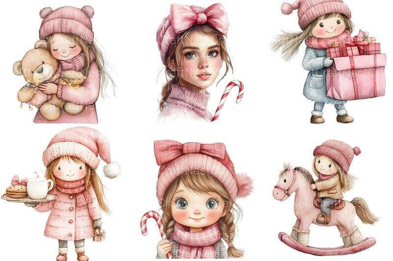 Cute Girl Pink Christmas Clipart Bundle - CraftNest - Digital Crafting and Art