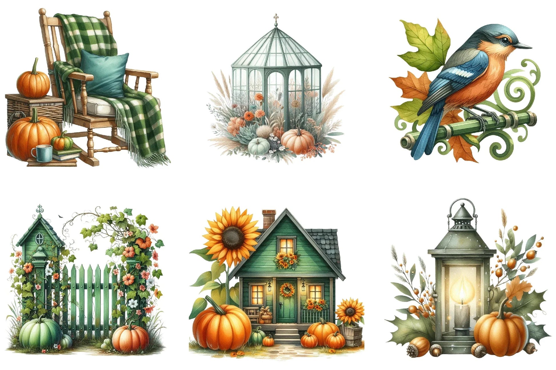 Green Autumn Cottage Clipart Bundle - CraftNest - Digital Crafting and Art