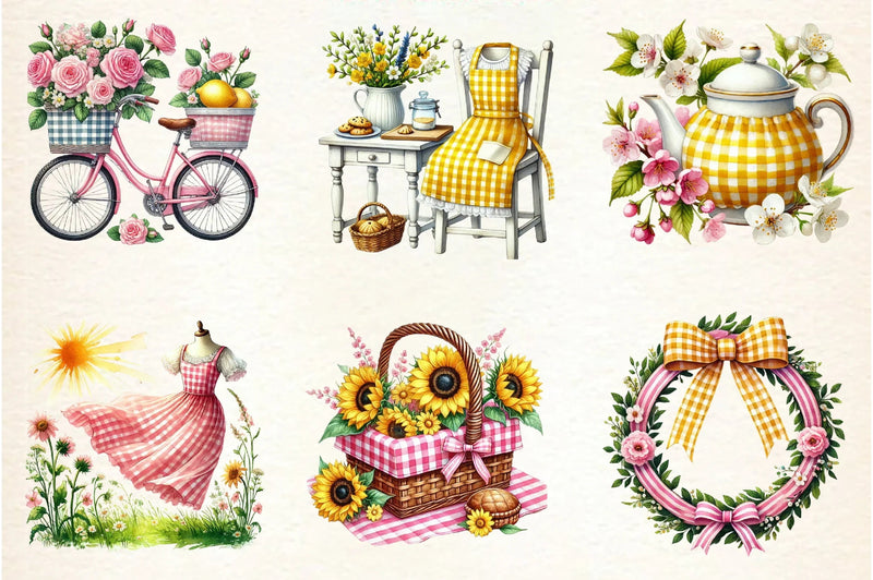 Yellow & Pink Gingham Spring Clipart Bundle - CraftNest - Digital Crafting and Art