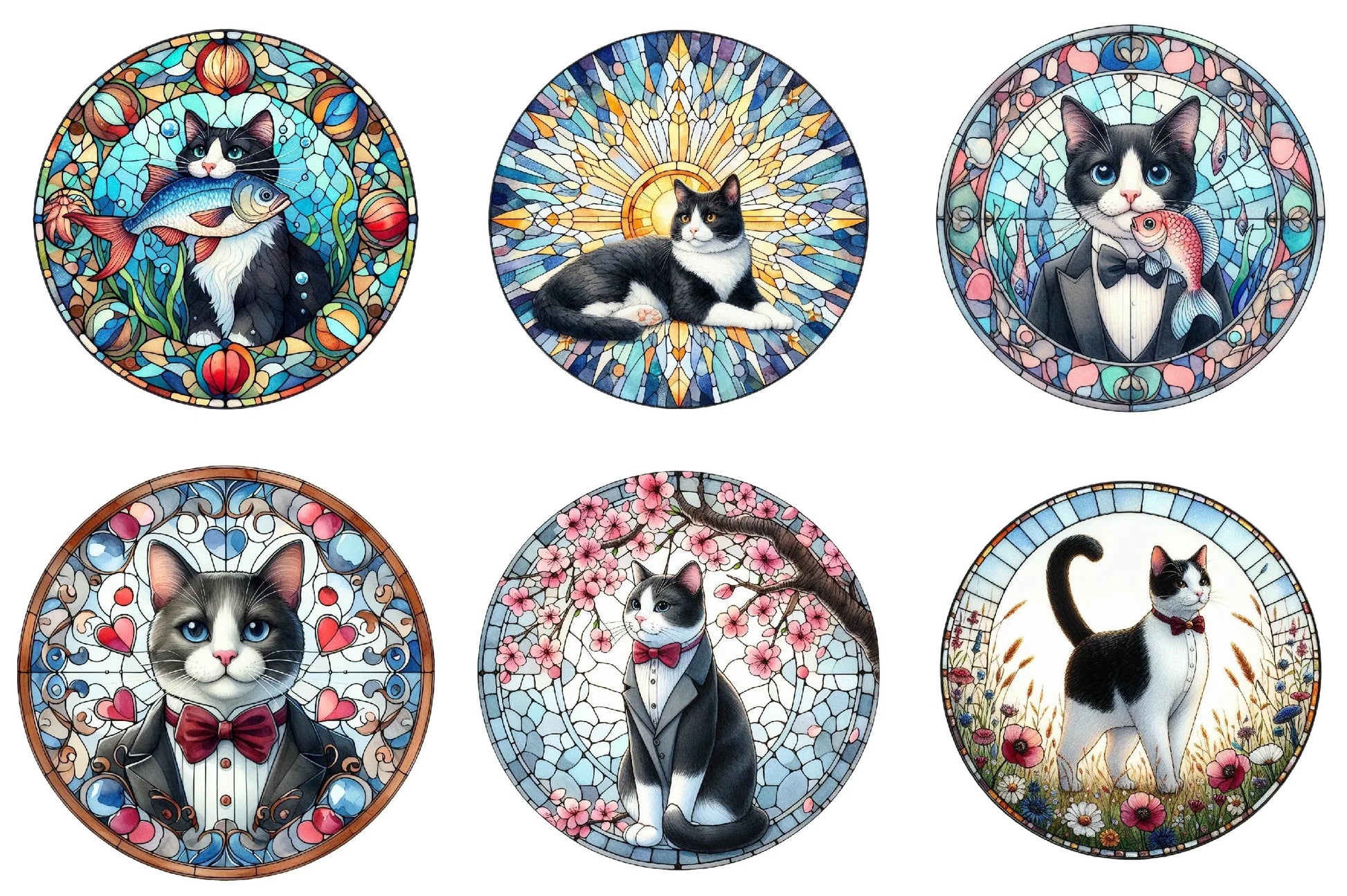Round Stained Glass Tuxedo Cat Clipart Bundle - CraftNest - Digital Crafting and Art