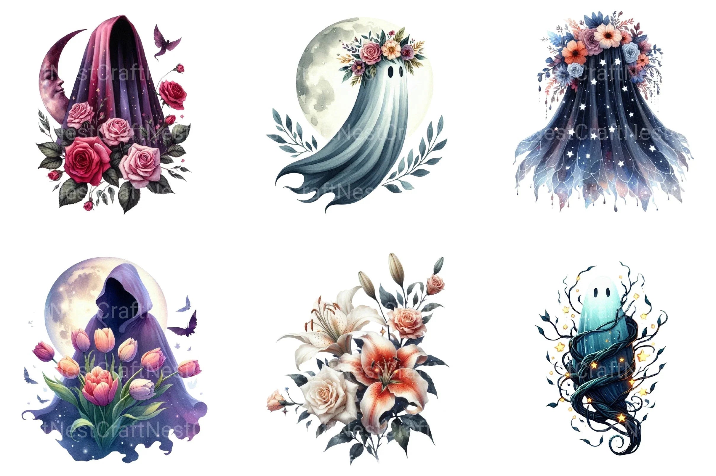 Floral Phantom Moonlight Halloween Clipart Bundle - CraftNest - Digital Crafting and Art