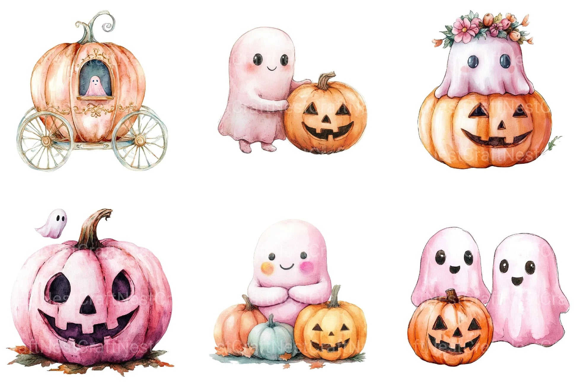 Cute Pink Ghost Pumpkin Halloween Clipart Bundle - CraftNest - Digital Crafting and Art