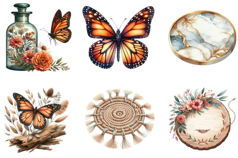 Monarch Butterfly Coaster Dahlia Flower Clipart Bundle - CraftNest - Digital Crafting and Art