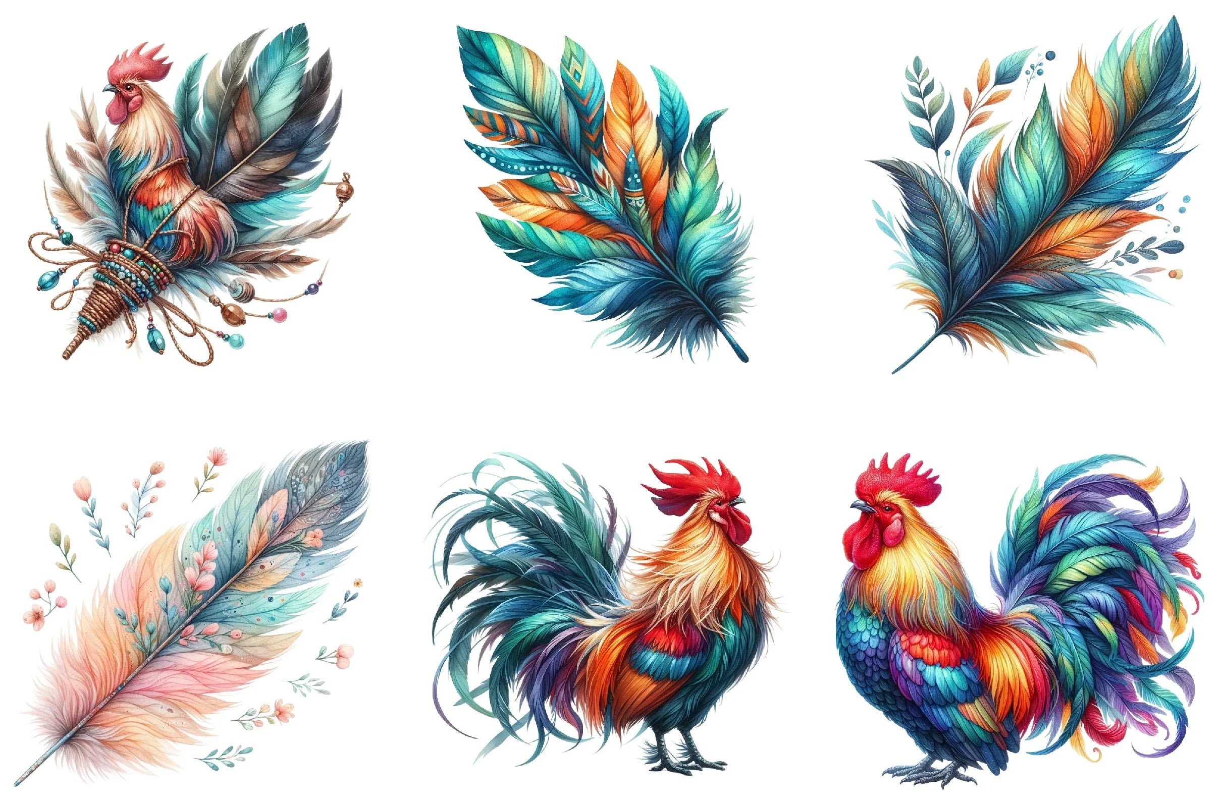 Boho Rooster Colored Feathers Clipart Bundle - CraftNest - Digital Crafting and Art