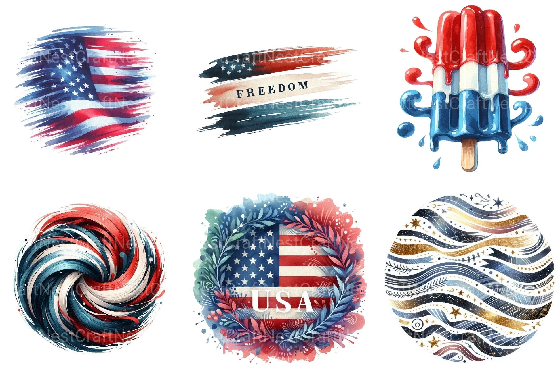 4th of July Brushstroke Clipart Bundle 1 - CraftNest - Digital Crafting and Art
