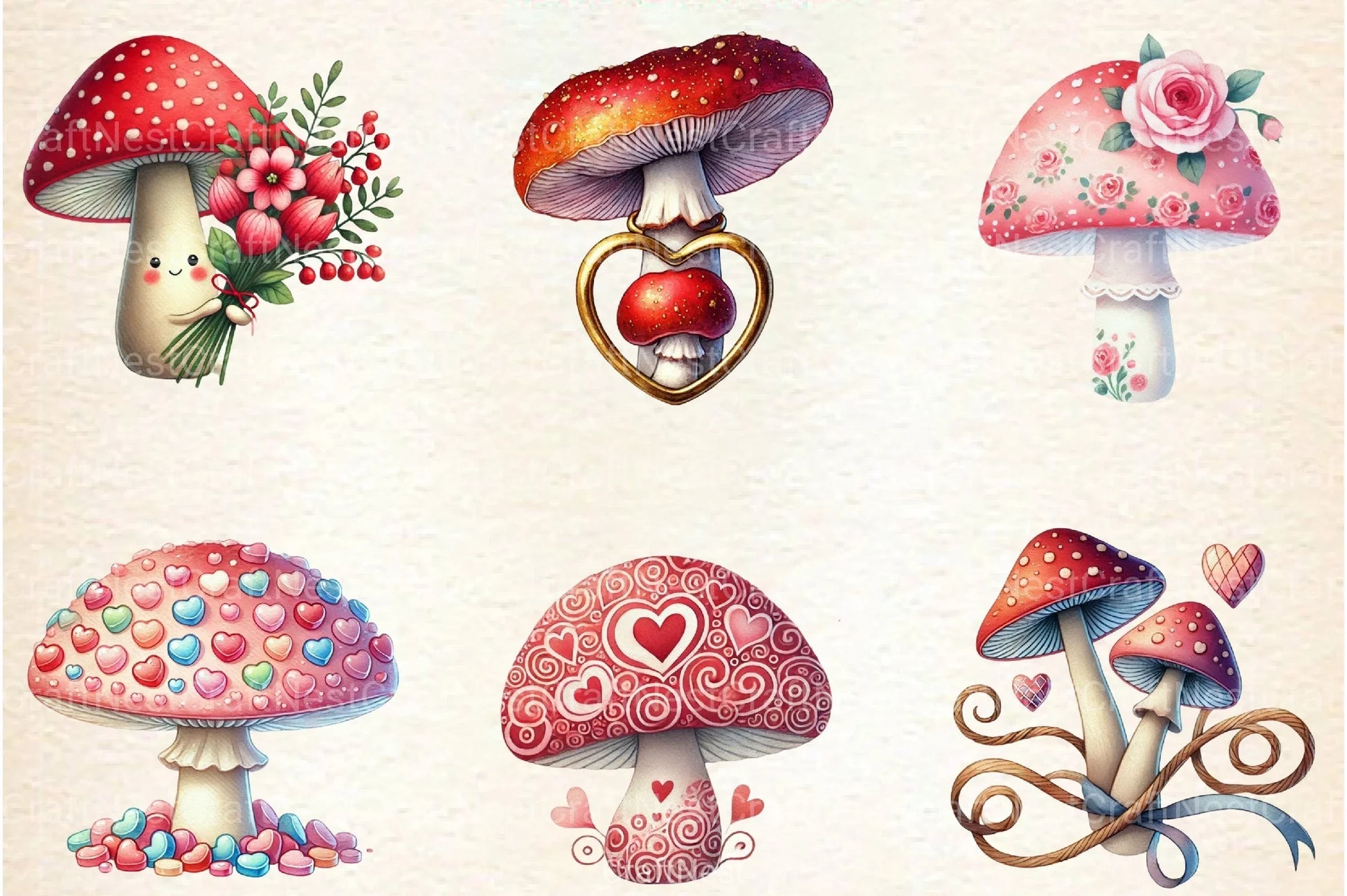 Valentine's Day Mushroom Clipart Bundle 8 - CraftNest - Digital Crafting and Art