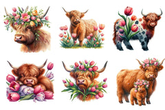 Highland Cow Tulip Flower Clipart Bundle - CraftNest - Digital Crafting and Art