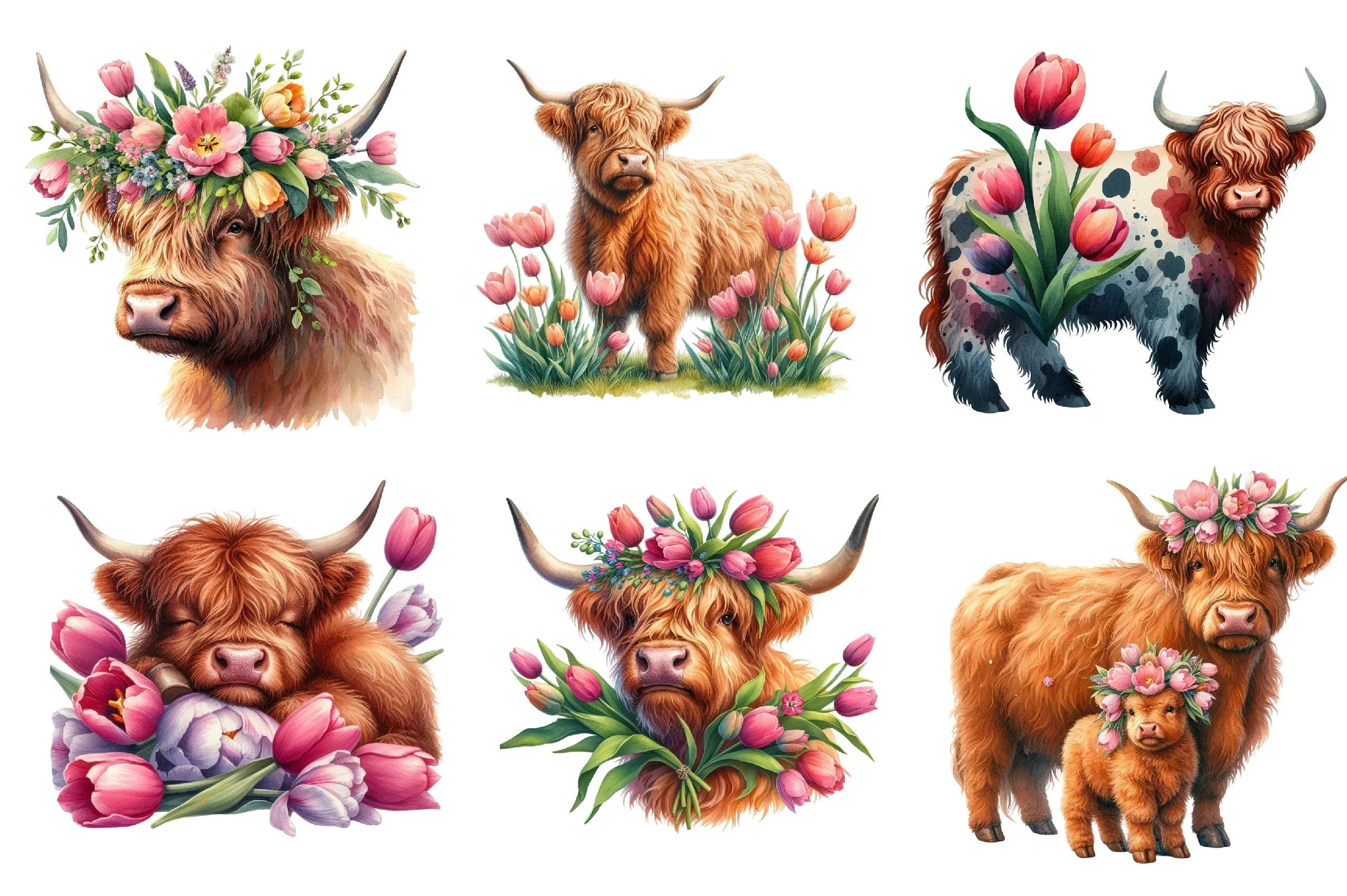 Highland Cow Tulip Flower Clipart Bundle - CraftNest - Digital Crafting and Art