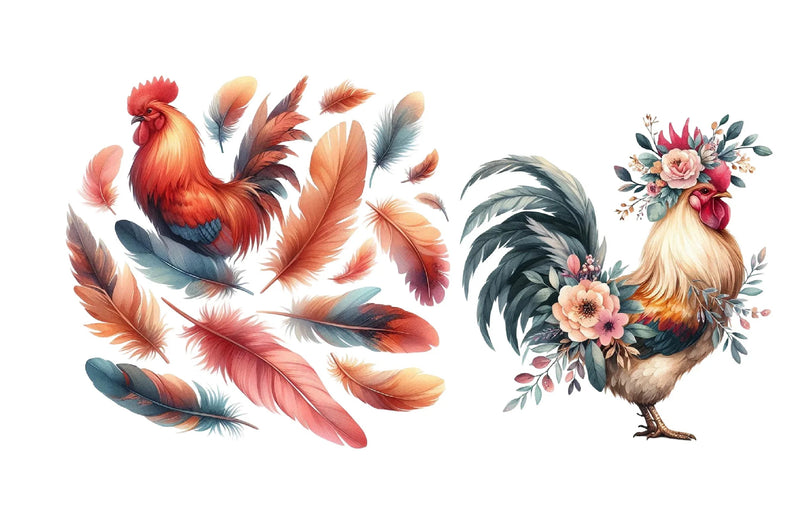 Boho Rooster Colored Feathers Clipart Bundle - CraftNest - Digital Crafting and Art