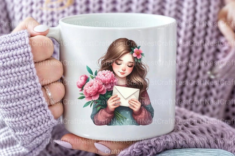 Girl with Peonies Flower Clipart Bundle 5 - CraftNest - Digital Crafting and Art