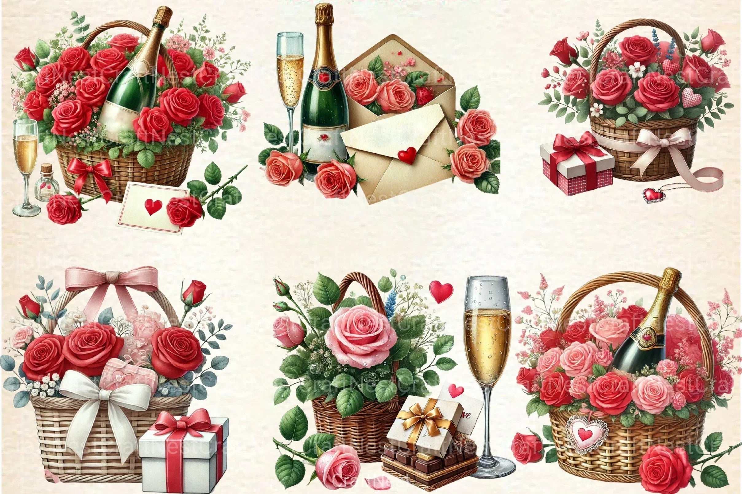 Valentine's Basket Love Rose Champagne Clipart Bundle - CraftNest - Digital Crafting and Art