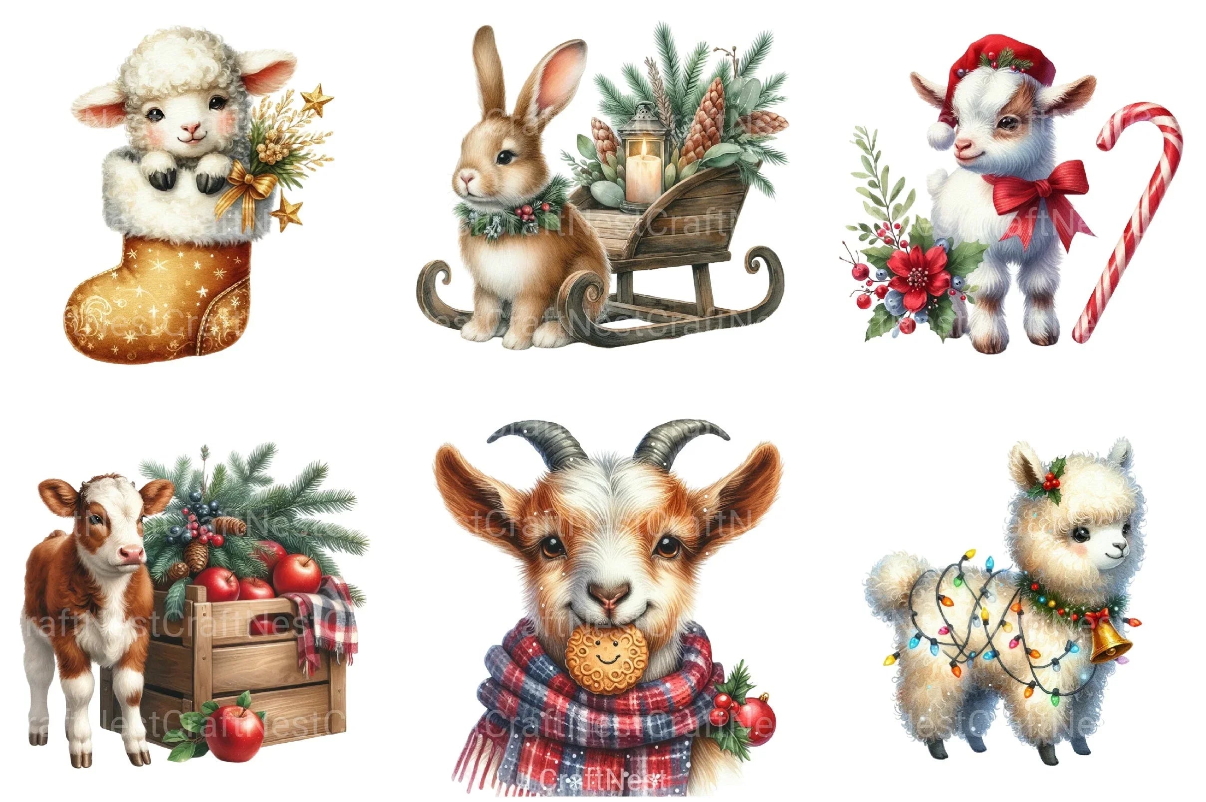 Vintage Christmas Farm Animal Clipart Bundle - CraftNest - Digital Crafting and Art