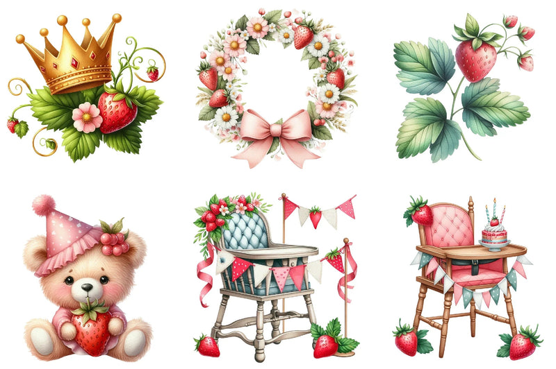 First Birthday Strawberry Clipart Bundle - CraftNest - Digital Crafting and Art