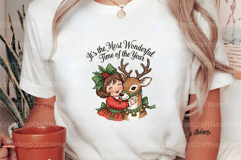 Vintage Christmas Girl with Deer Clipart Bundle - CraftNest - Digital Crafting and Art