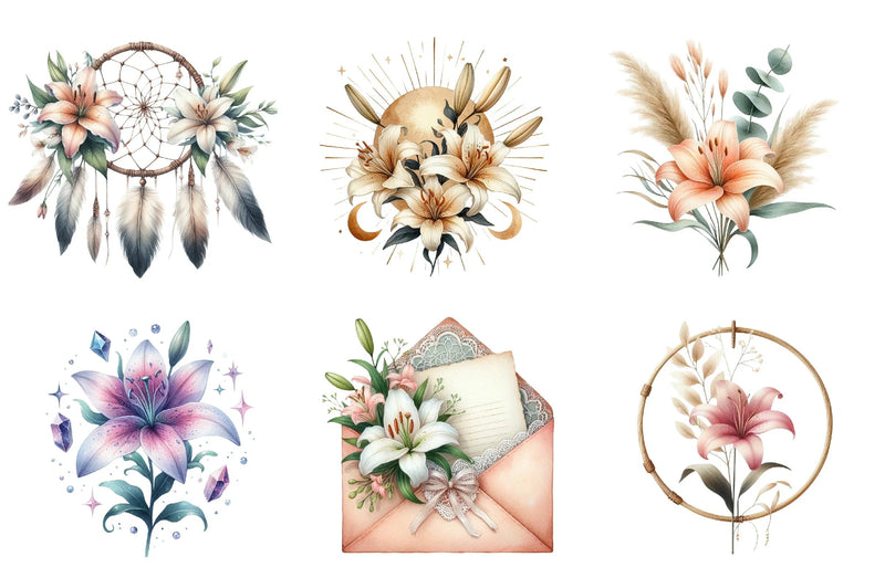 Lily Flower Boho Clipart Bundle - CraftNest - Digital Crafting and Art