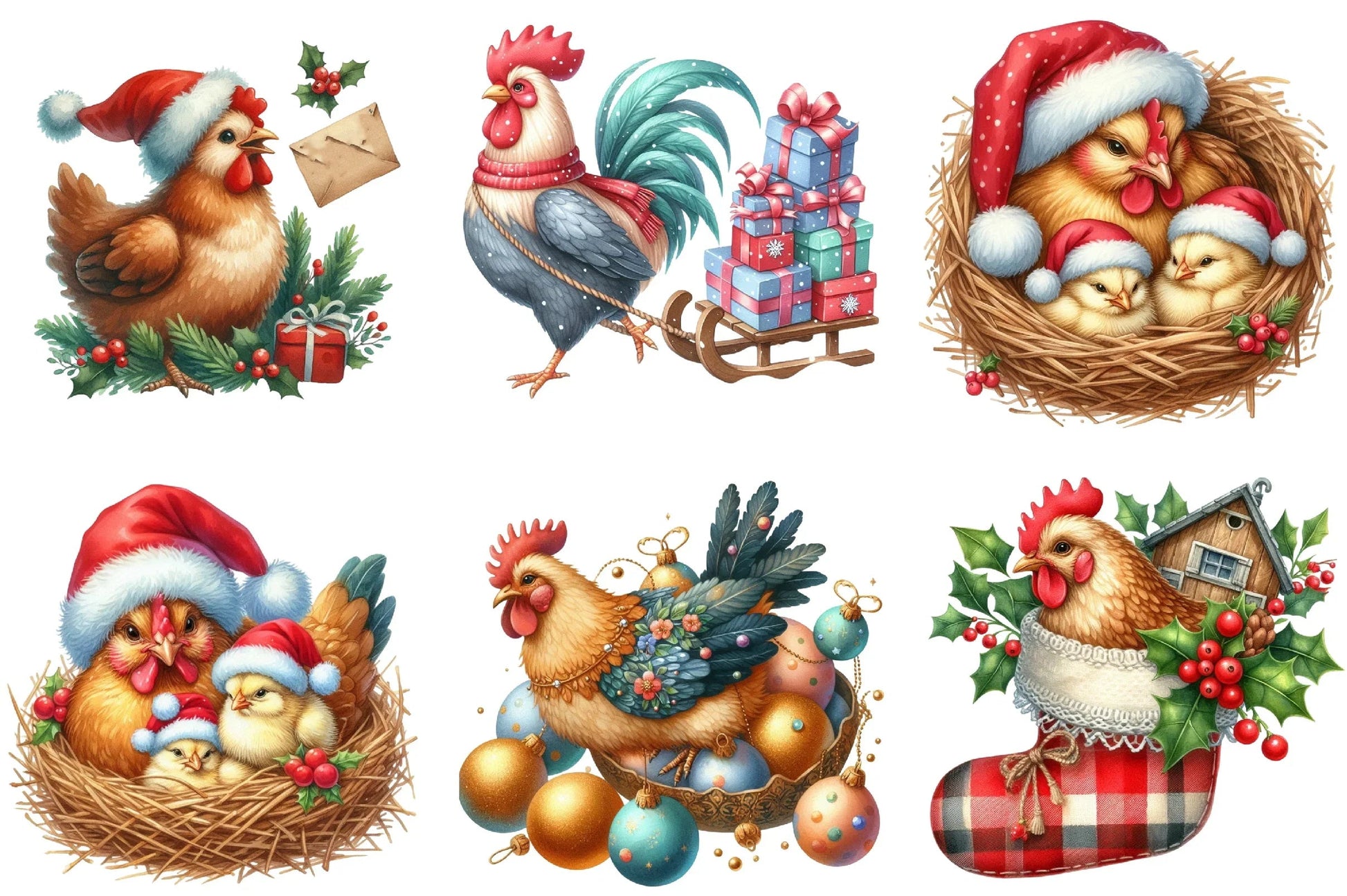 Christmas Rooster and Chicken Clipart Bundle - CraftNest - Digital Crafting and Art