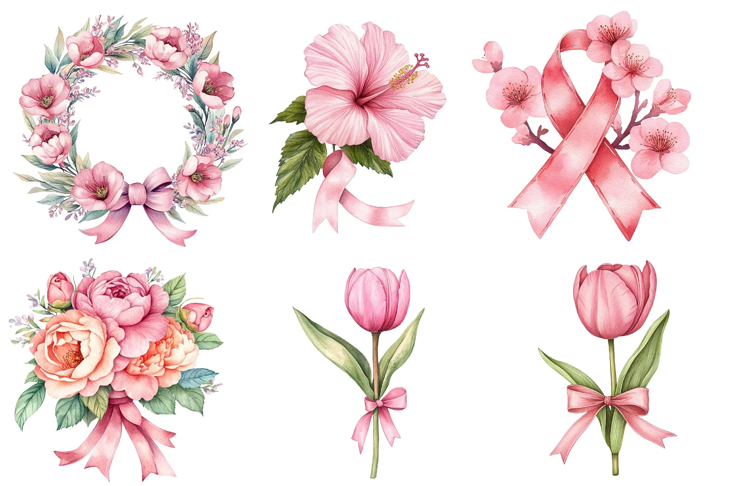 Pink Flowers Breast Cancer Awareness Clipart Bundle - CraftNest - Digital Crafting and Art