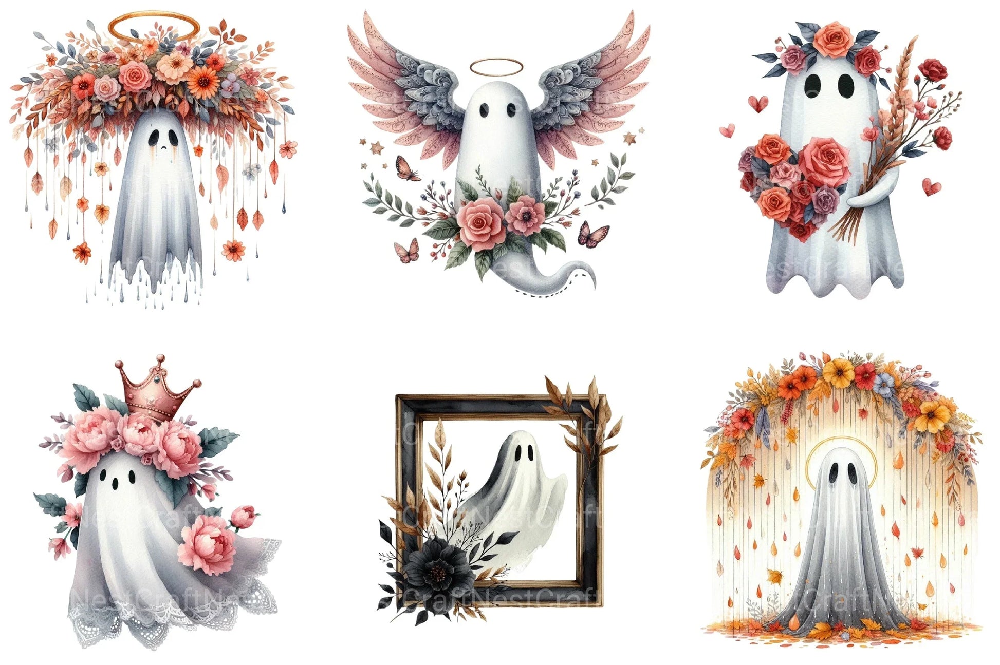 Vintage Halloween Ghost Floral Clipart Bundle - CraftNest - Digital Crafting and Art