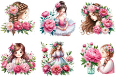 Girl with Peonies Flower Clipart Bundle - CraftNest - Digital Crafting and Art