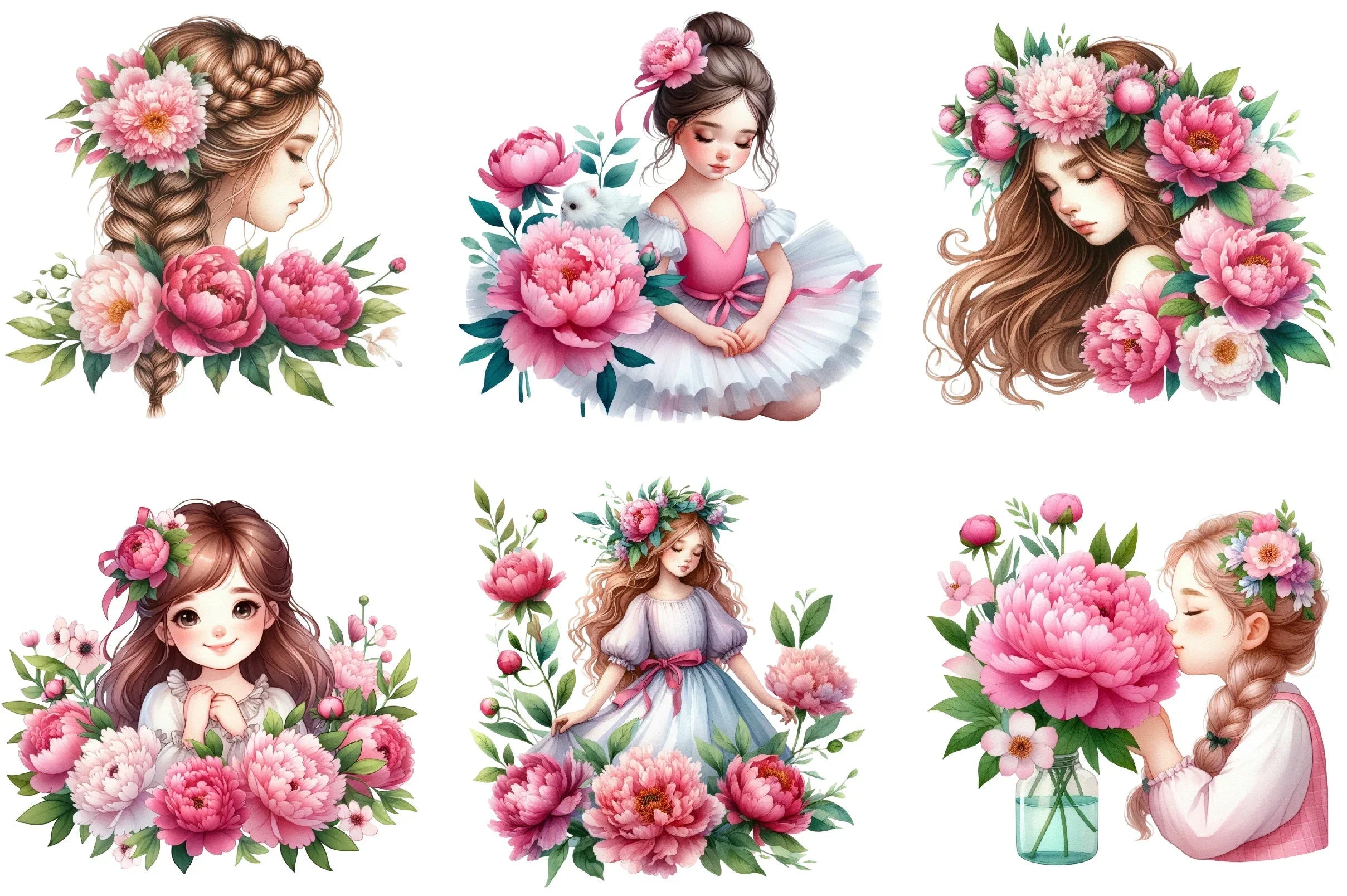 Girl with Peonies Flower Clipart Bundle - CraftNest - Digital Crafting and Art