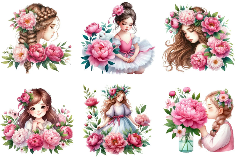 Girl with Peonies Flower Clipart Bundle - CraftNest - Digital Crafting and Art