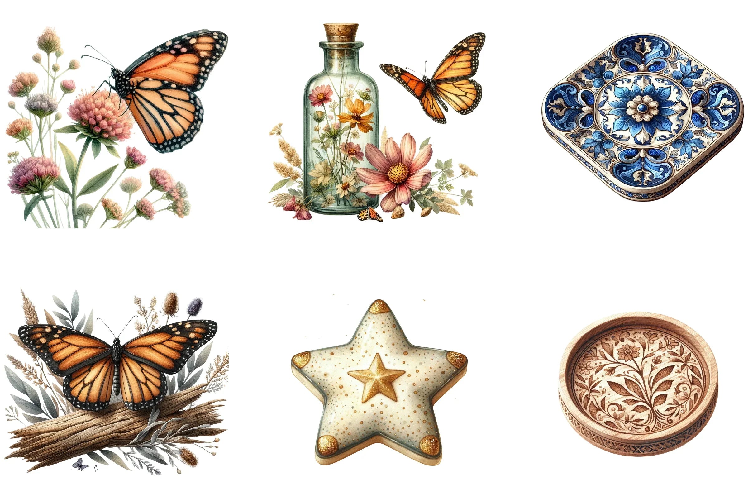 Monarch Butterfly Coaster Dahlia Flower Clipart Bundle - CraftNest - Digital Crafting and Art