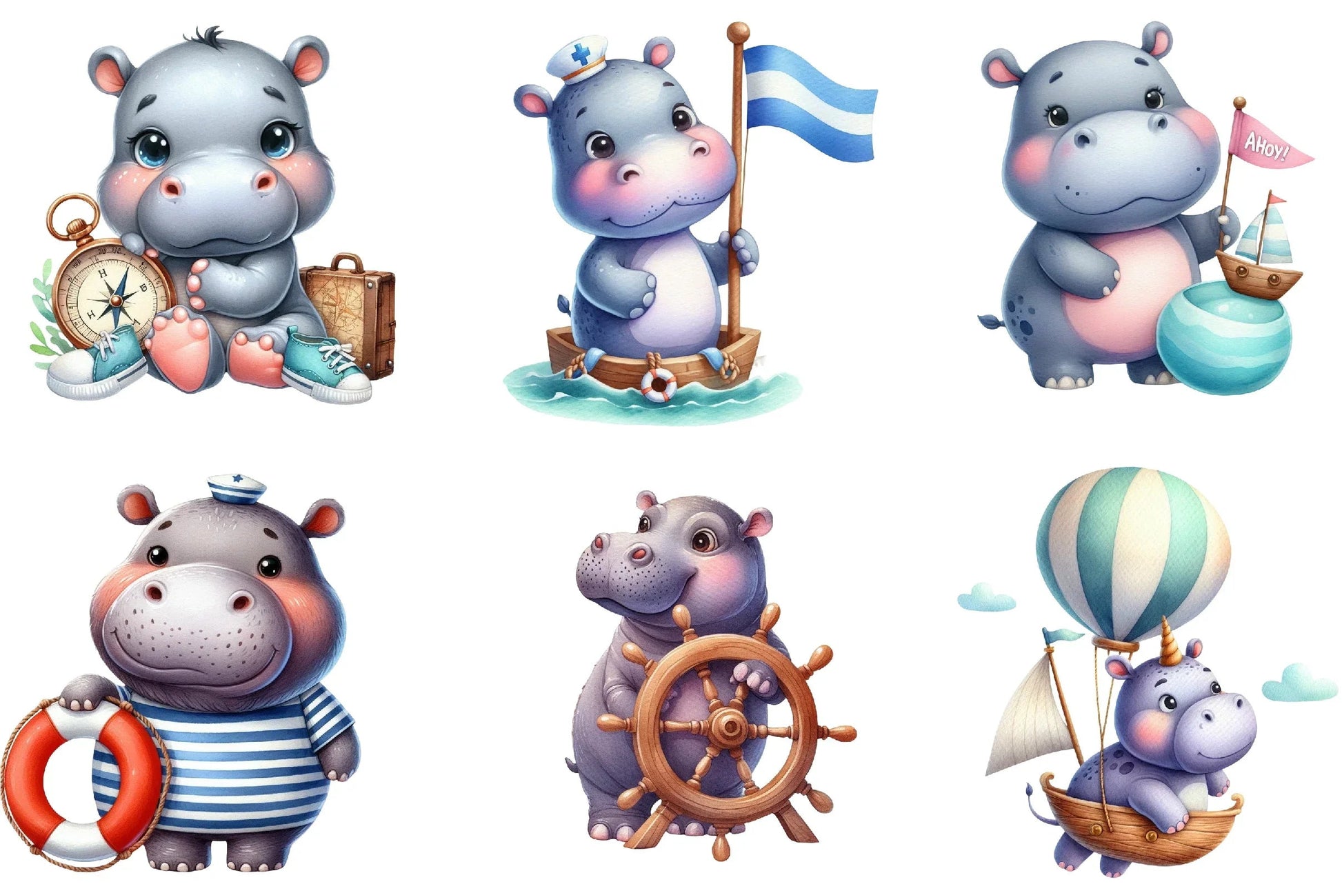 Hippo Sea Captain Baby Room Clipart Bundle - CraftNest - Digital Crafting and Art
