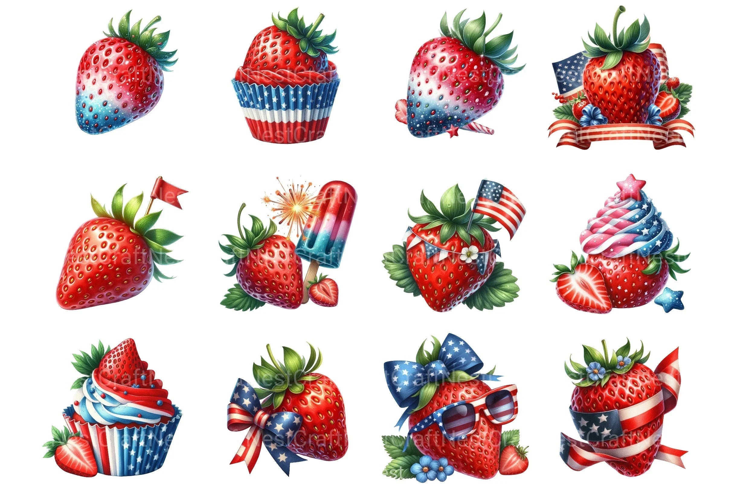 4th of July Strawberry Clipart Bundle - CraftNest - Digital Crafting and Art