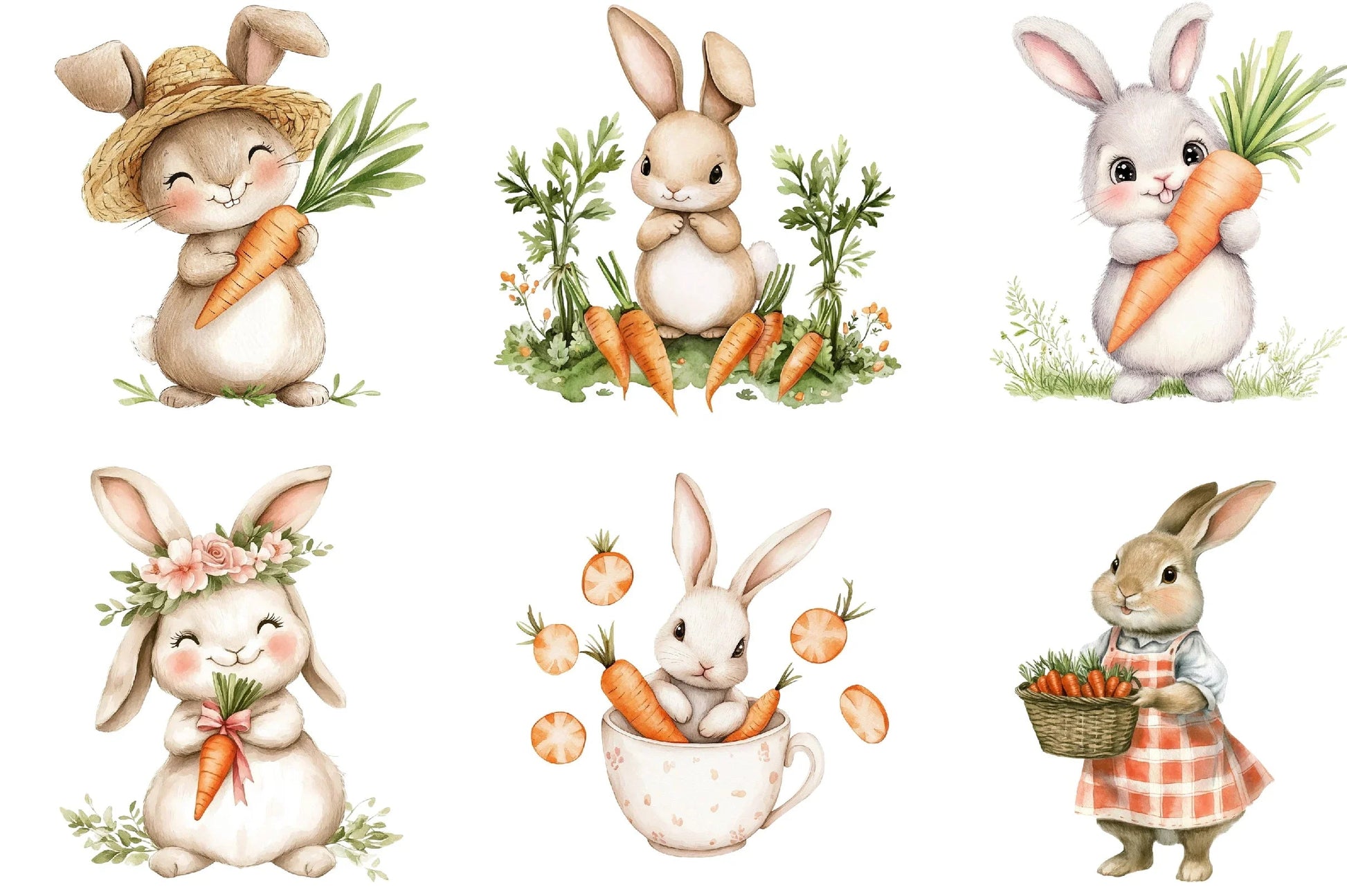 Hand Painted Bunny with Carrots Clipart Bundle - CraftNest - Digital Crafting and Art