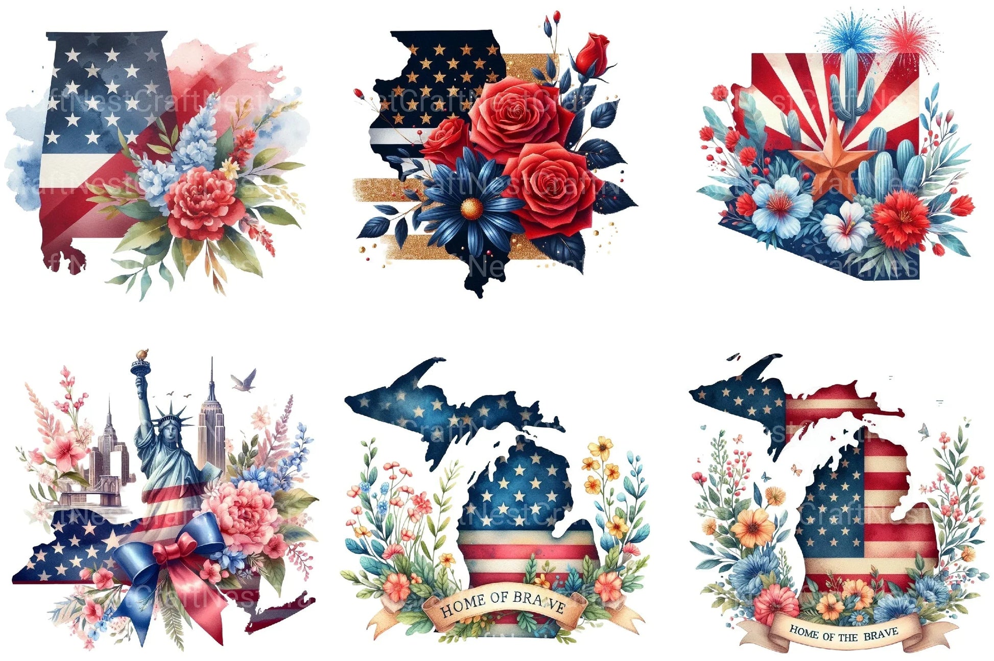 4th of July Floral USA State Map Clipart Bundle - CraftNest - Digital Crafting and Art