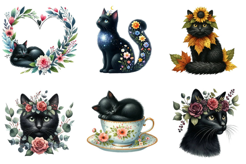 Floral Black Cat Clipart Bundle - CraftNest - Digital Crafting and Art