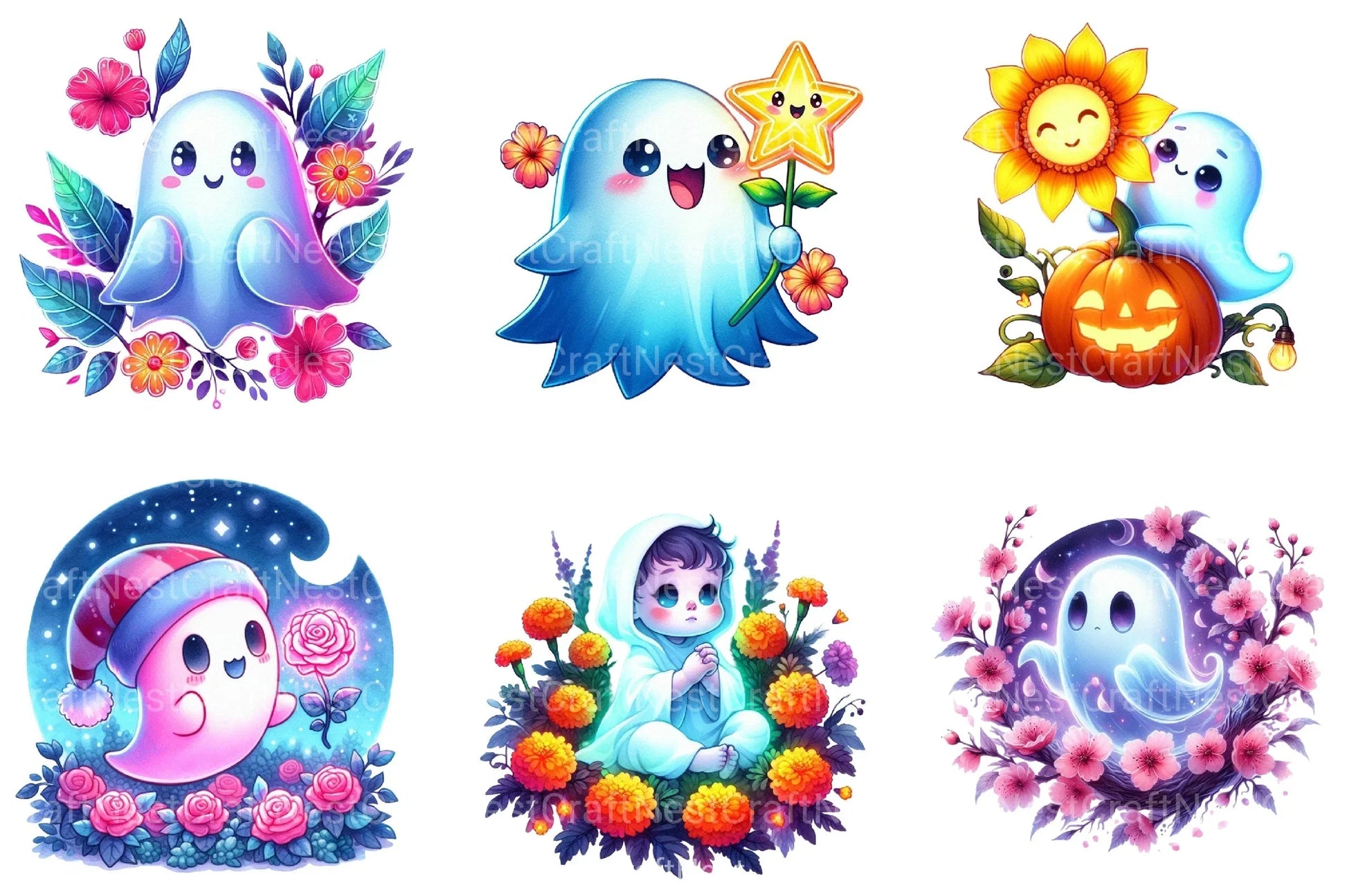 Neon Garden Ghost Halloween Clipart Bundle 33 - CraftNest - Digital Crafting and Art