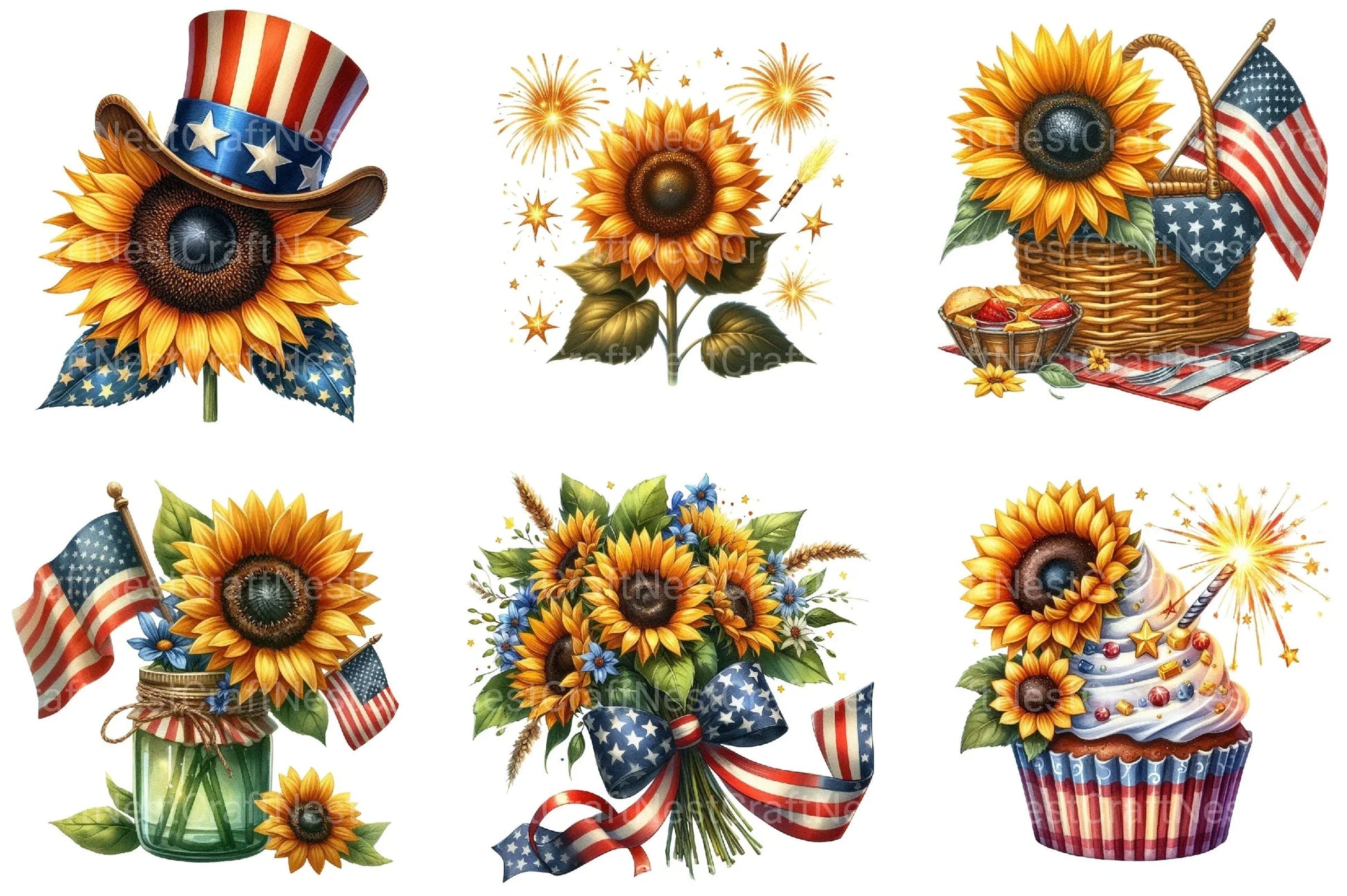 4th of July Sunflower Clipart Bundle 99 - CraftNest - Digital Crafting and Art