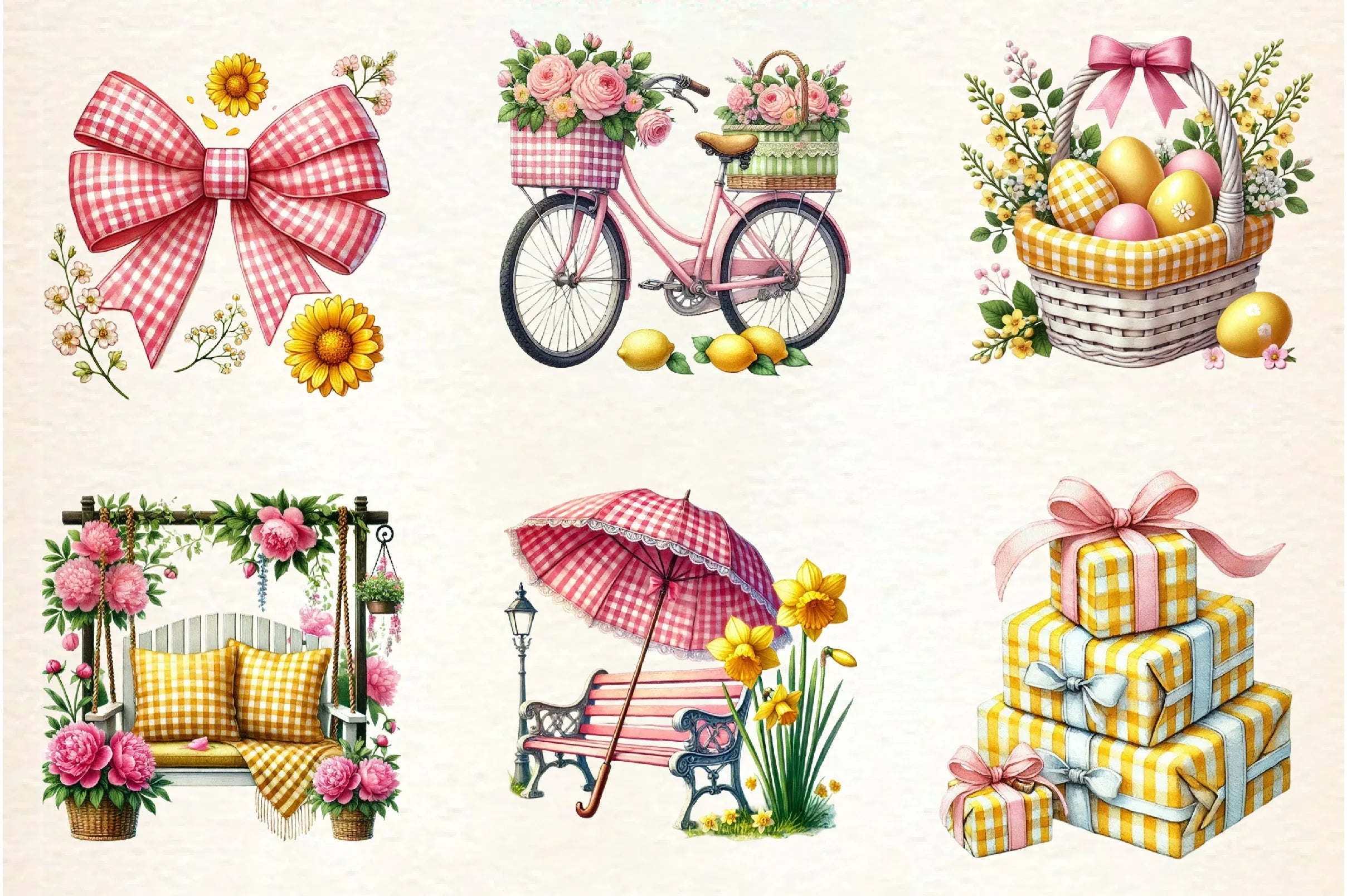 Yellow & Pink Gingham Spring Clipart Bundle - CraftNest - Digital Crafting and Art