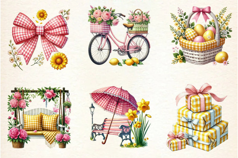 Yellow & Pink Gingham Spring Clipart Bundle - CraftNest - Digital Crafting and Art