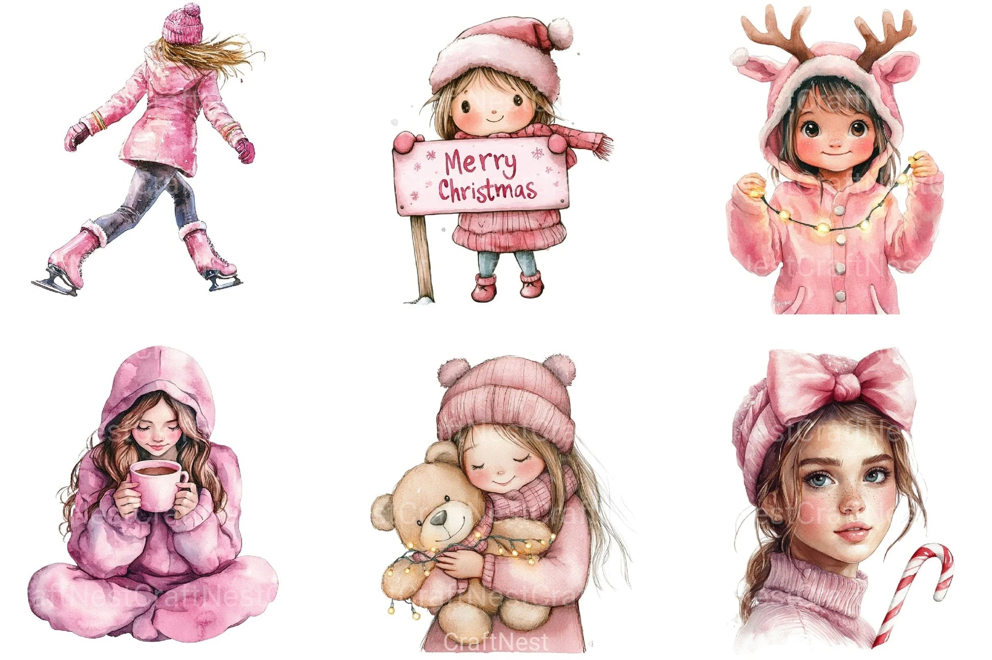 Cute Girl Pink Christmas Clipart Bundle - CraftNest - Digital Crafting and Art