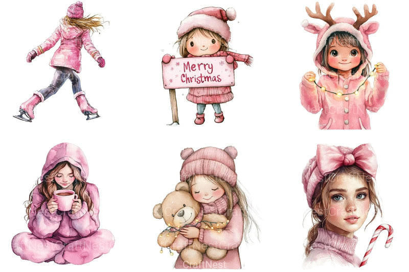 Cute Girl Pink Christmas Clipart Bundle - CraftNest - Digital Crafting and Art