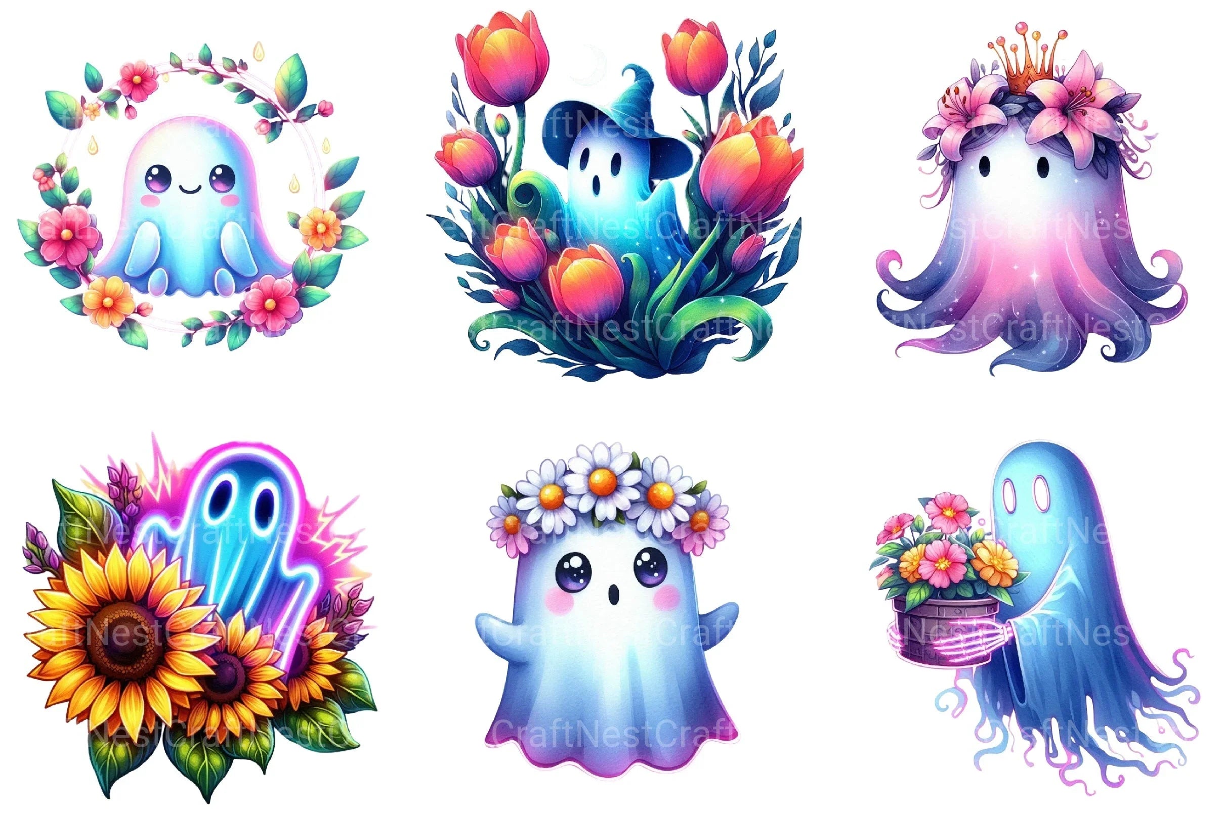 Neon Garden Ghost Halloween Clipart Bundle - CraftNest - Digital Crafting and Art