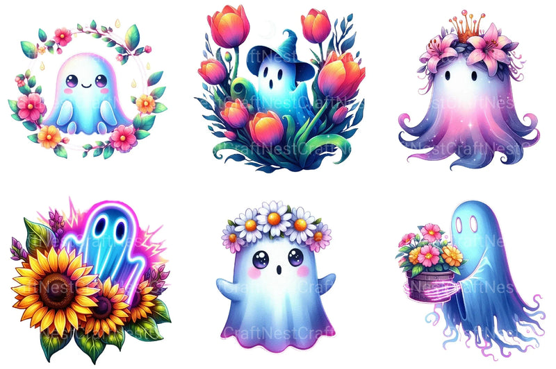 Neon Garden Ghost Halloween Clipart Bundle - CraftNest - Digital Crafting and Art